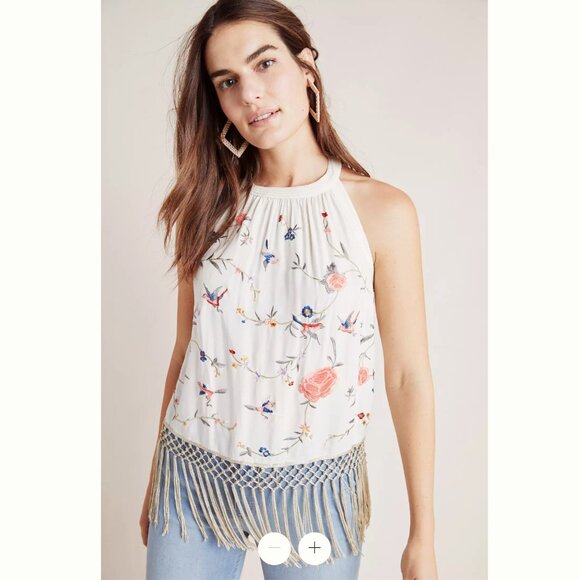 NWT Anthropologie Gatsby Fringe Embroidered Floral Bird Sleeveless Top Size 10 - Picture 1 of 14